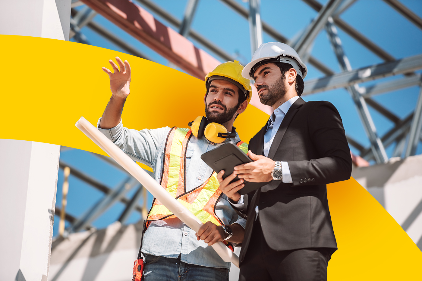 civil-engineer-construction-worker-manager-holding-digital-tablet-blueprints-talking-planing-about-construction-site-cooperation-teamwork-concept